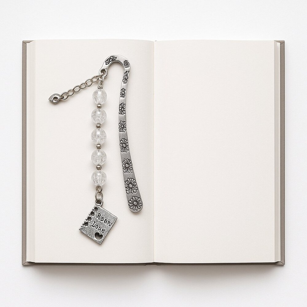 Secret Love Crystal Bead Metal Bookmark Silver Floral Engraved Hook
